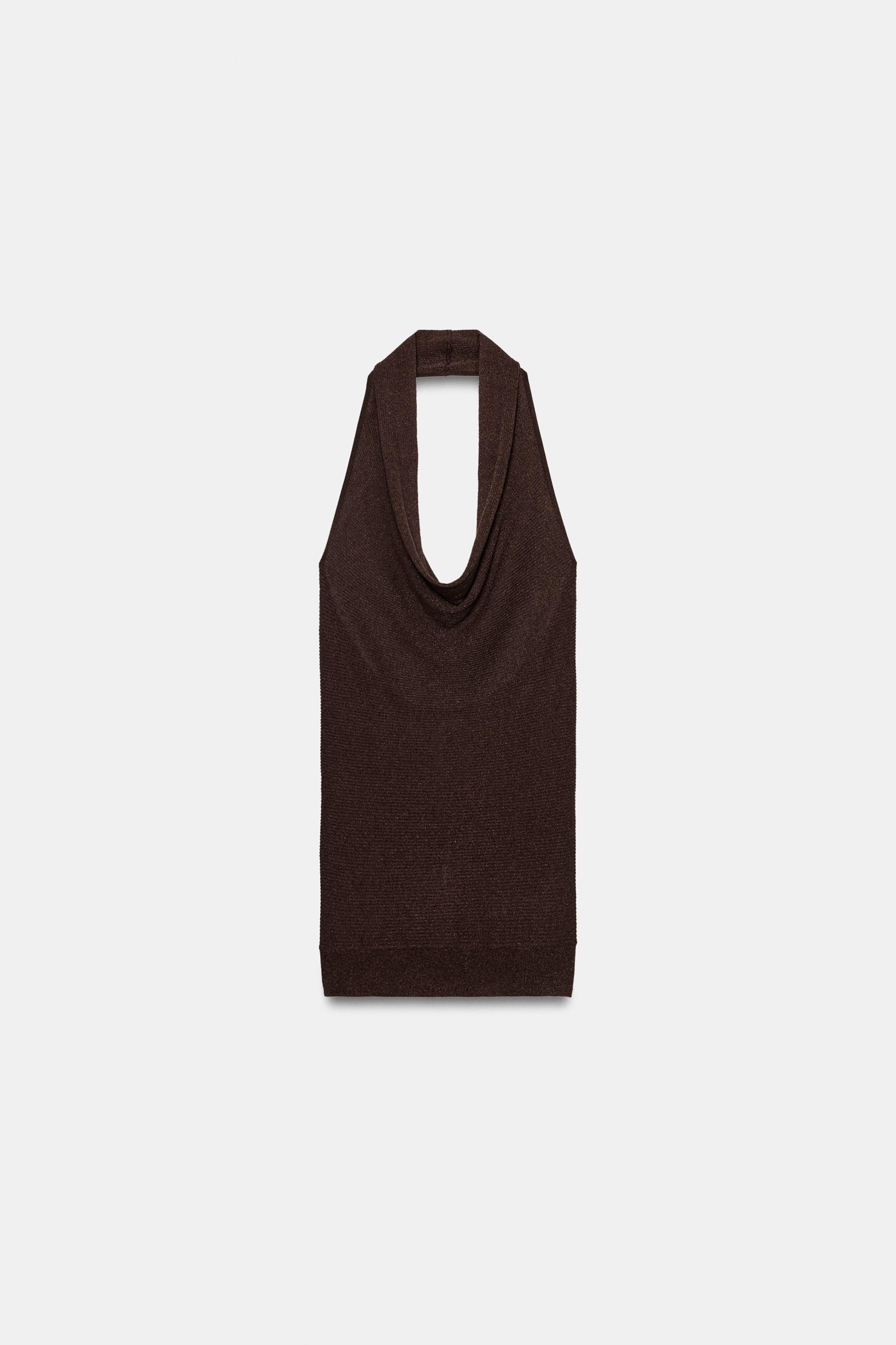METALLIC THREAD RIB KNIT HALTER TOP